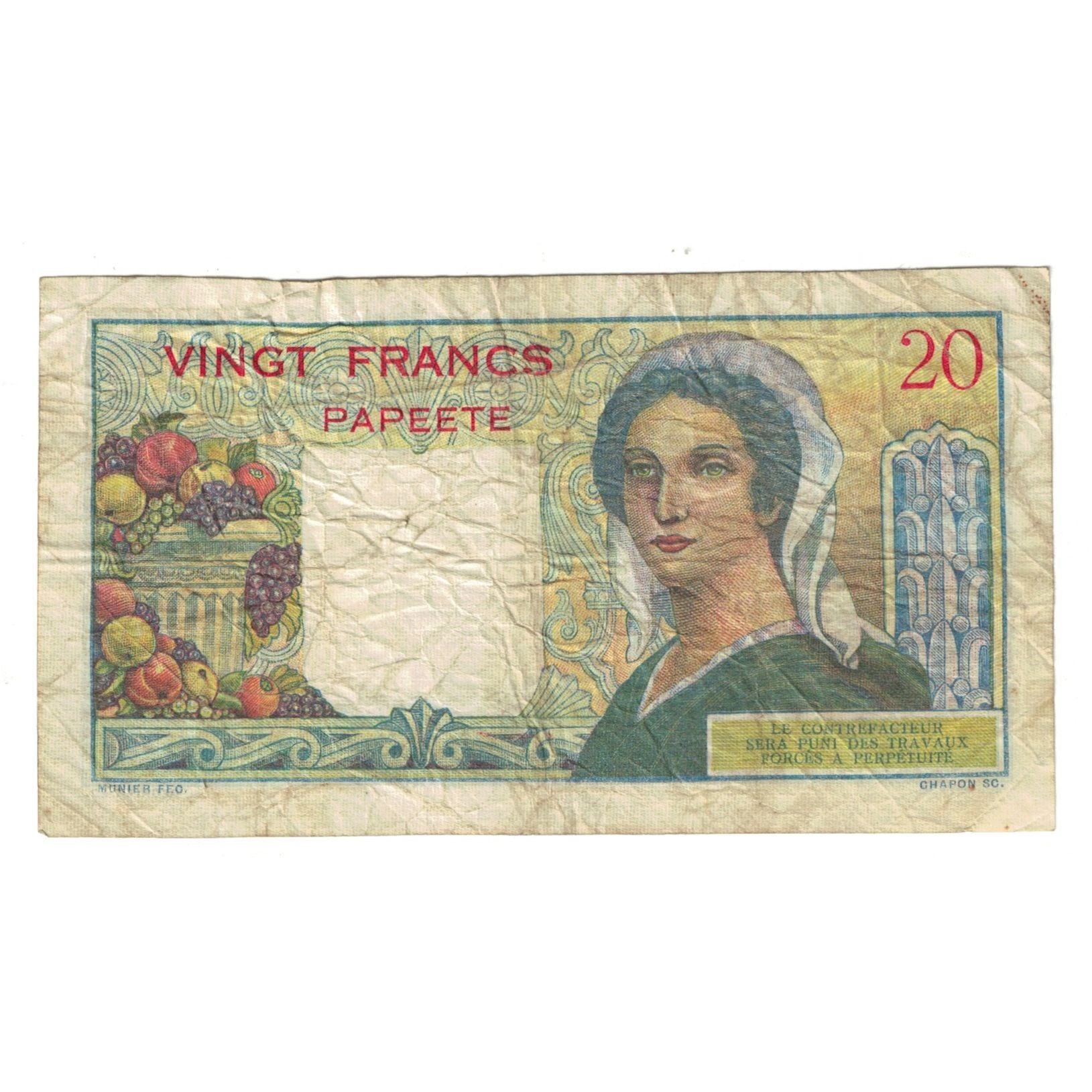 Billet, Tahiti, 20 Francs, 1951-1963, KM:21a, TB