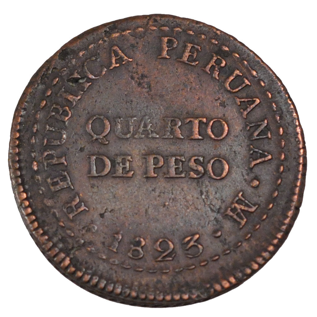 PERU, 1/4 Peso, Quarto De; 2 Reales, 1823, Lima, KM #138, EF(40-45), Copper,...
