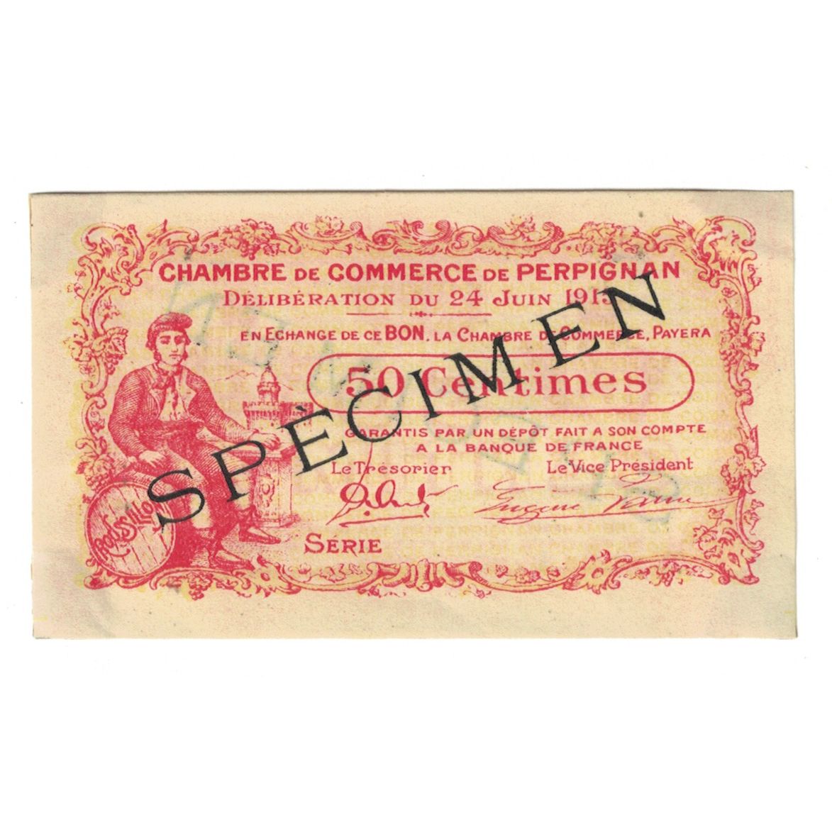 France, 50 Centimes, Specimen, PIROT 100-6, 1916, SPECIMEN, PERPIGNAN, EF(40-45)