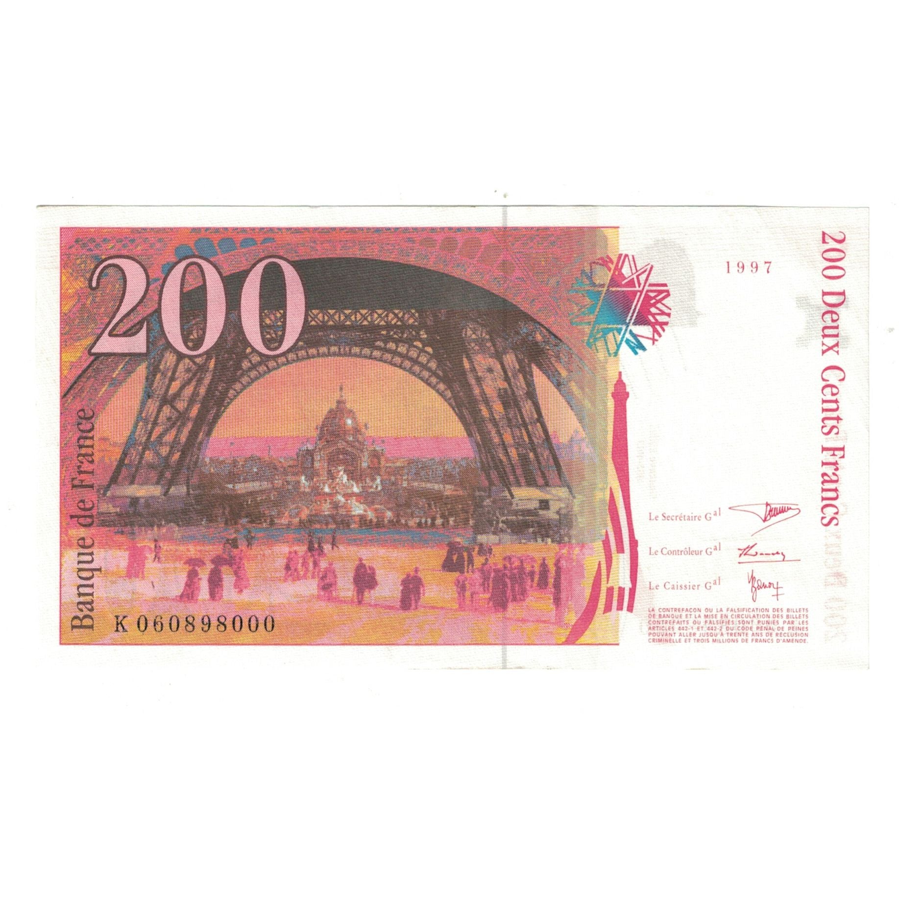 France, 200 Francs, Eiffel, 1997, K 060898000, AU(55-58), Fayette:75.4b, KM:159b