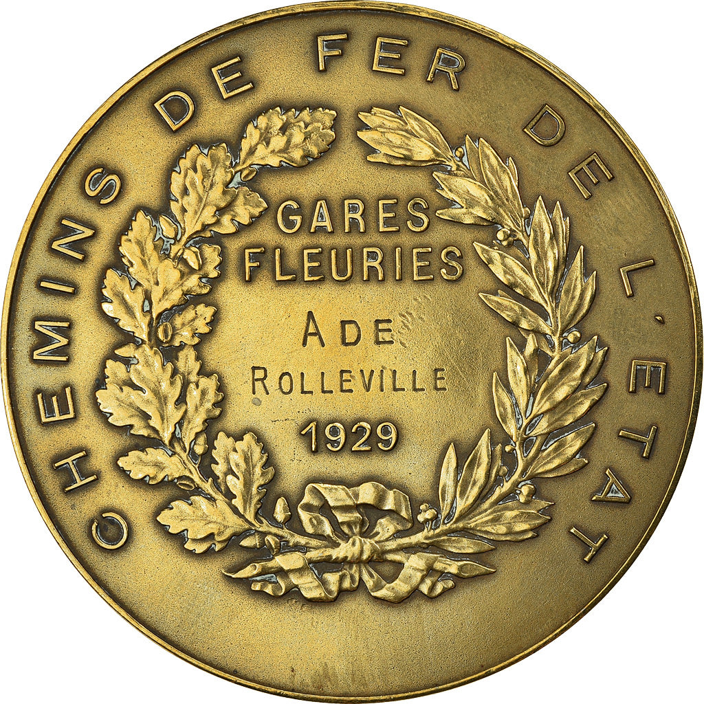 Francia, medaglia, Chemins de Fer de l'Etat, Gares Fleuries, 1929, Pillet, BB+