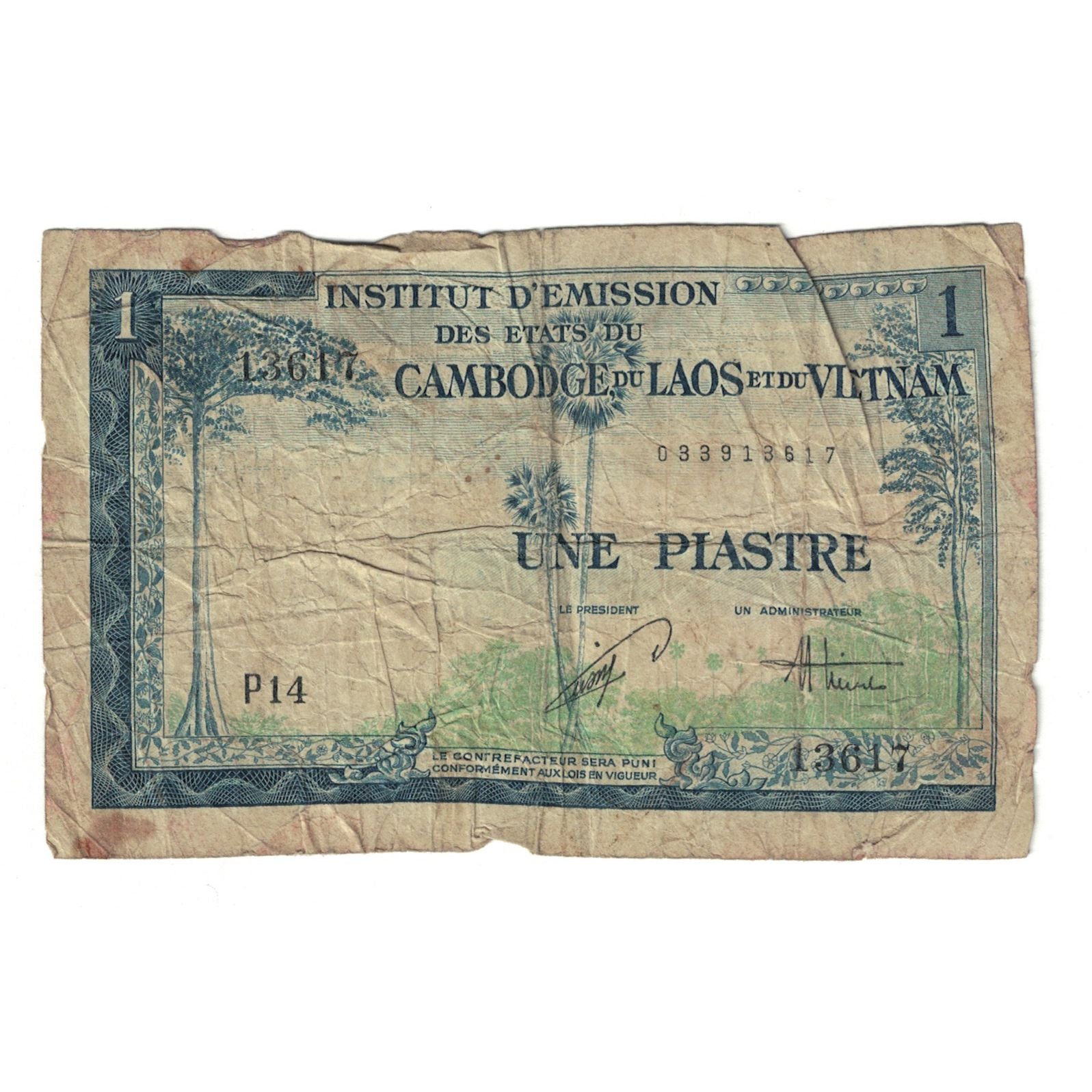 Billet, Indochine française, 1 Piastre = 1 Dong, KM:105, TB