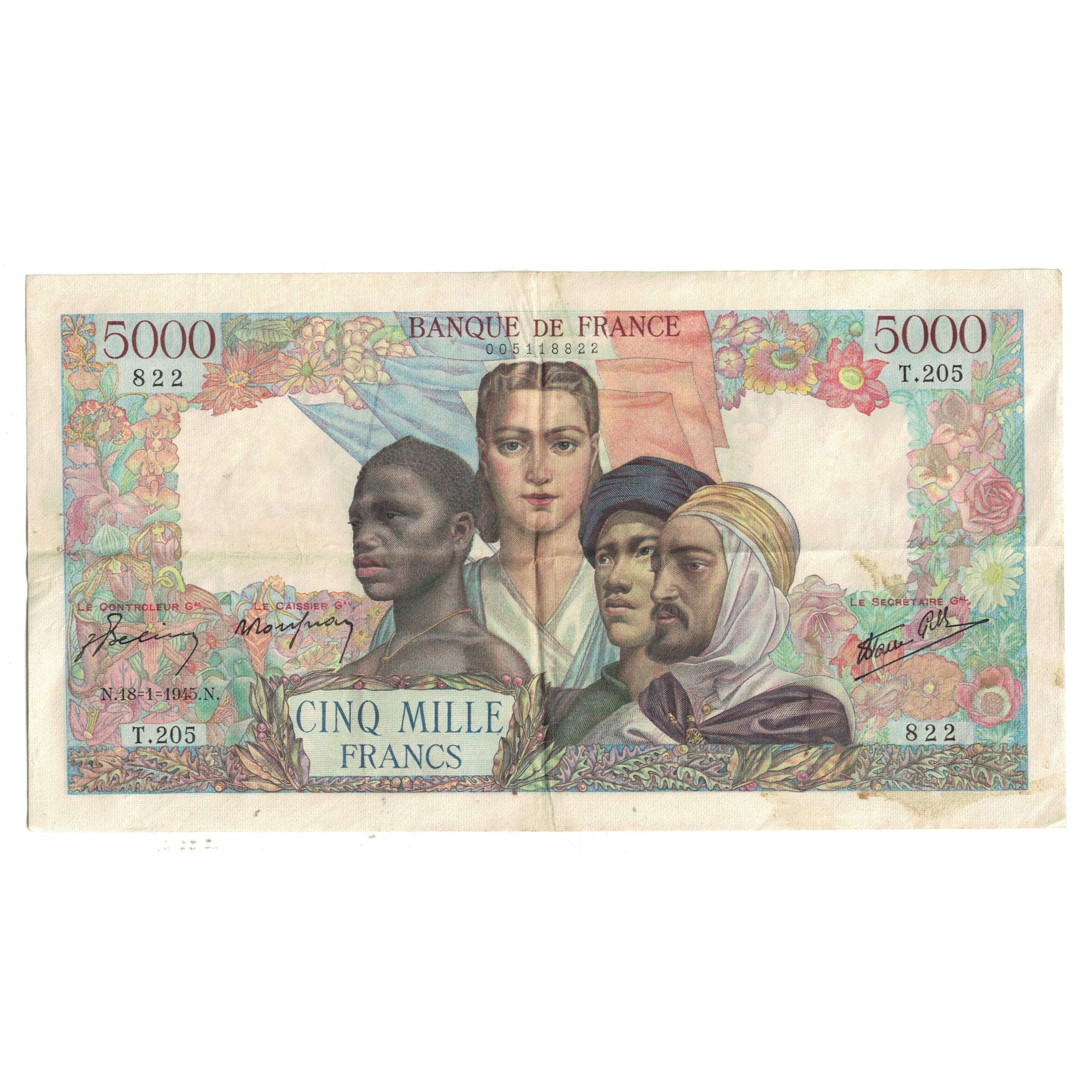 France, 5000 Francs, Empire Français, 1945, T.205822, VF(20-25), Fayette:47.9