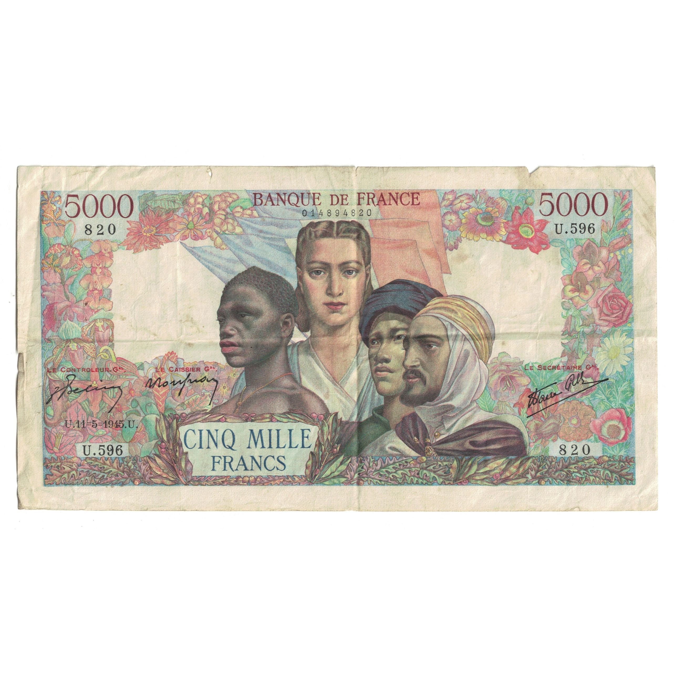 France, 5000 Francs, Empire Français, 1945, U.596820, VF(20-25), Fayette:47.25