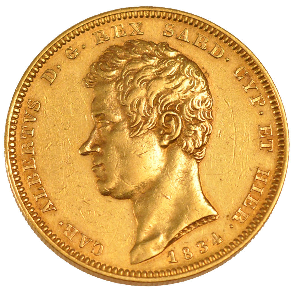 ITALIAN STATES, 100 Lire, 1834, Torino, KM #133.1, AU(50-53), Gold, 34, 32.22