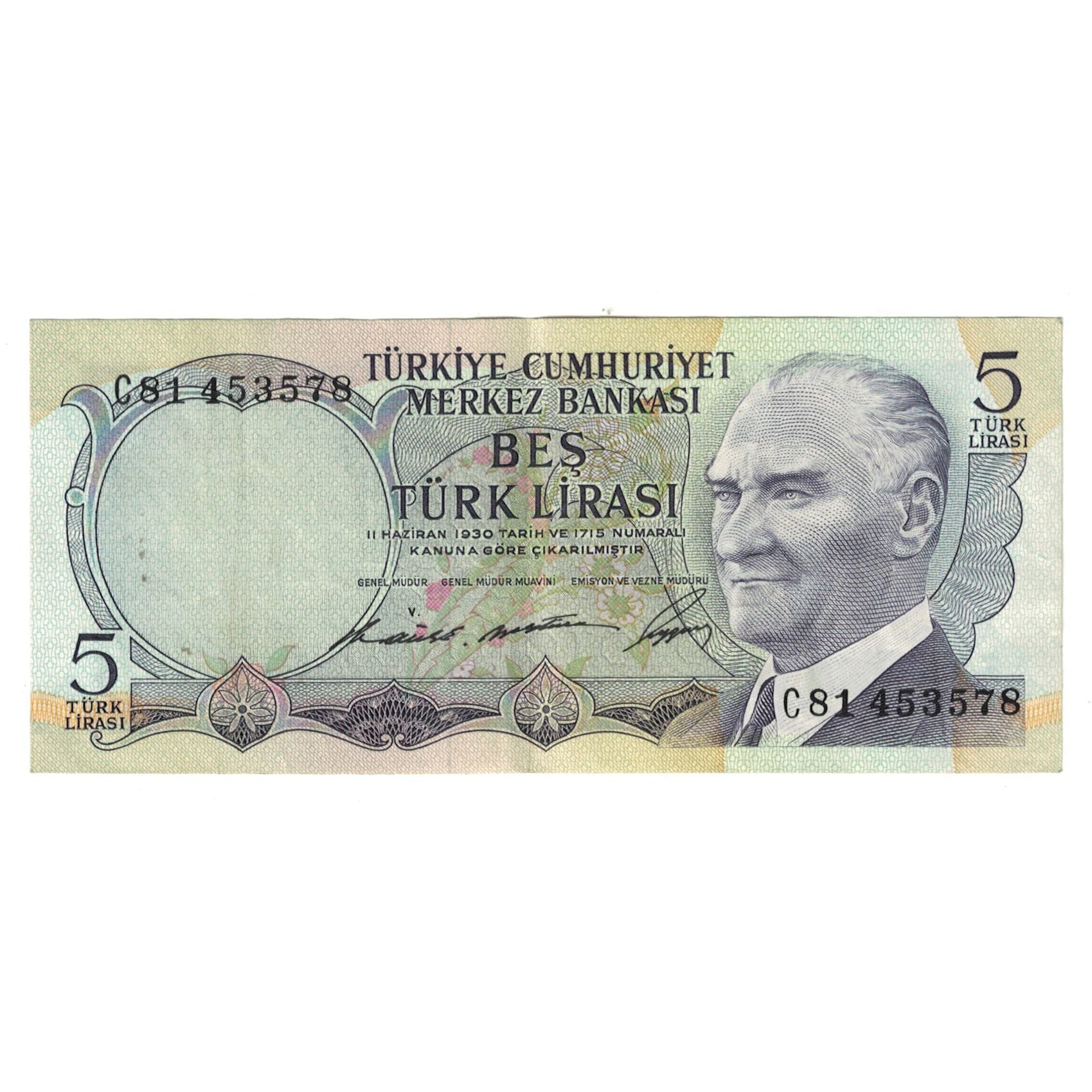 Geldschein, Türkei, 5 Lira, L.1930 (8.1.1968), KM:179, SS+