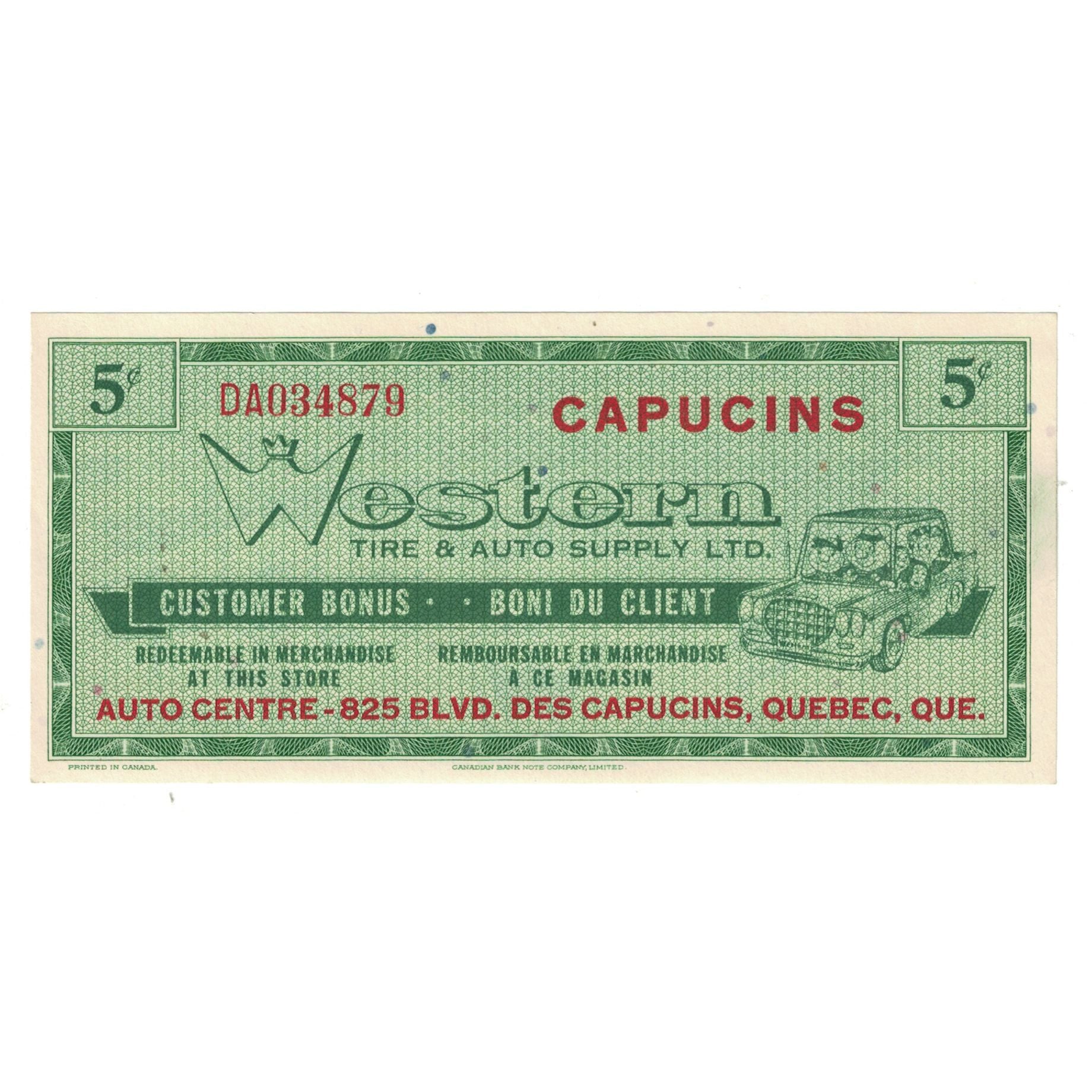 Banknote, Canada, 5 Dollars, CAPUCINS WESTERN AUTO CENTRE BONUS, AU(55-58)
