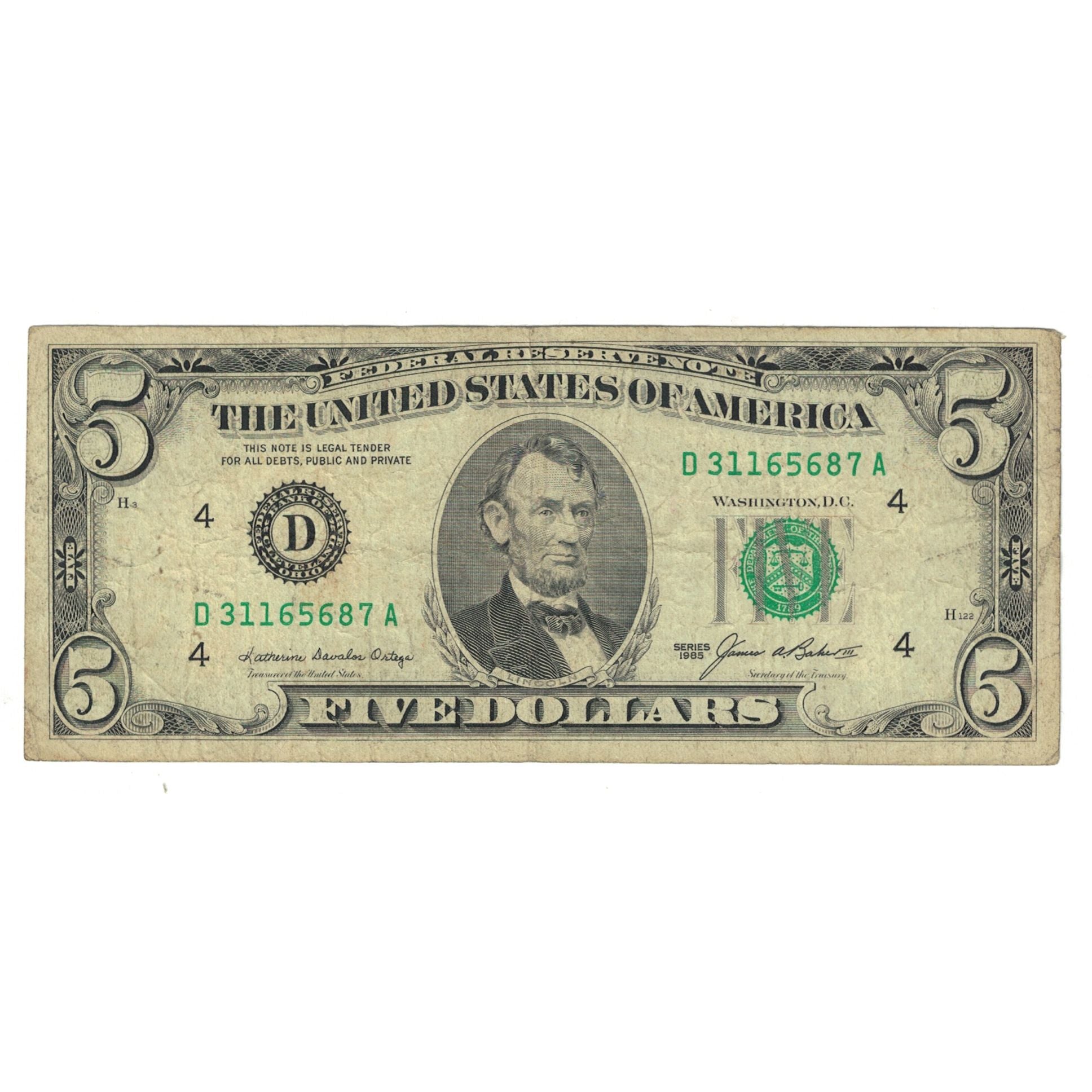 Nota, Estados Unidos da América, Five Dollars, 1985, VF(20-25)