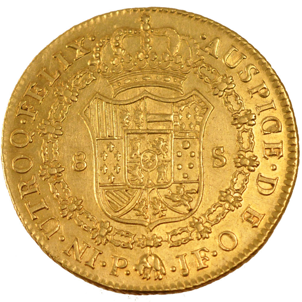 COLOMBIA, 8 Escudos, 1795, Popayan, KM #62.2, AU(50-53), Gold, 26.97