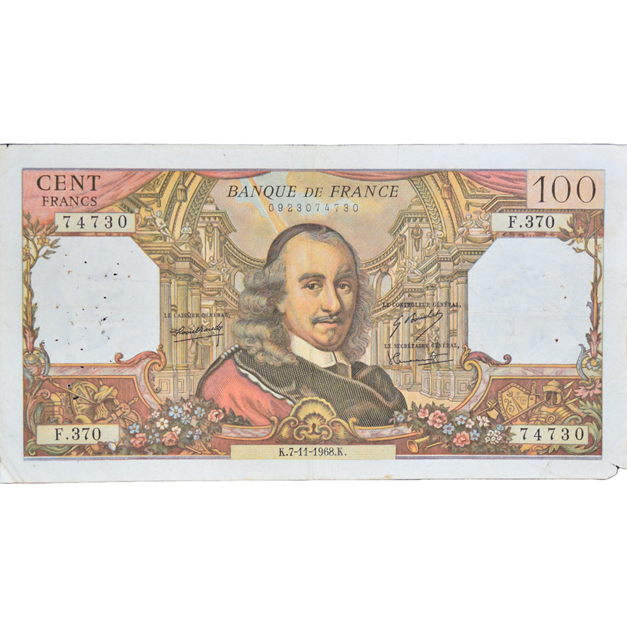 France, 100 Francs, Corneille, 1968, F.37074730, VF(20-25), Fayette:65.24