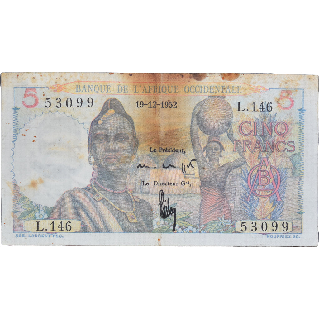 Biljet, Frans West Afrika, 5 Francs, 1951, 1951-12-19, KM:36, B+