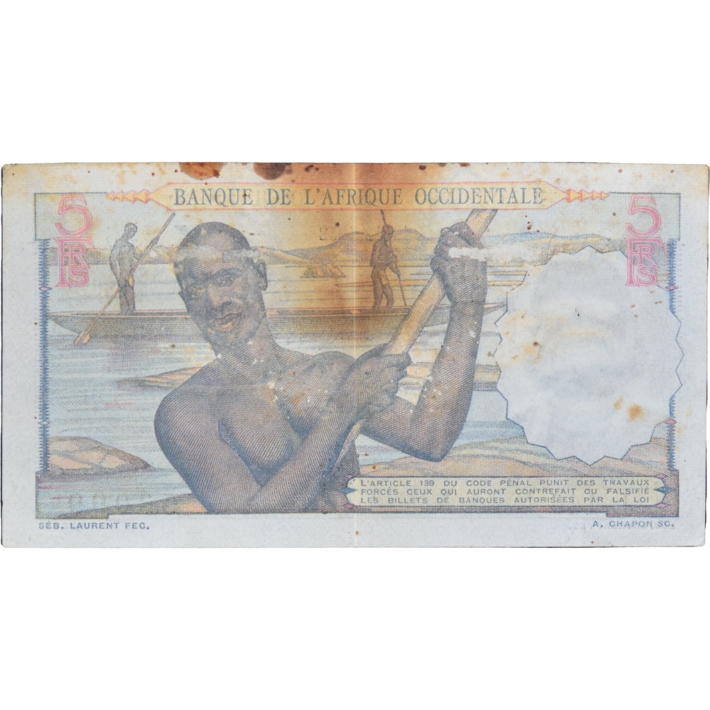 Biljet, Frans West Afrika, 5 Francs, 1951, 1951-12-19, KM:36, B+