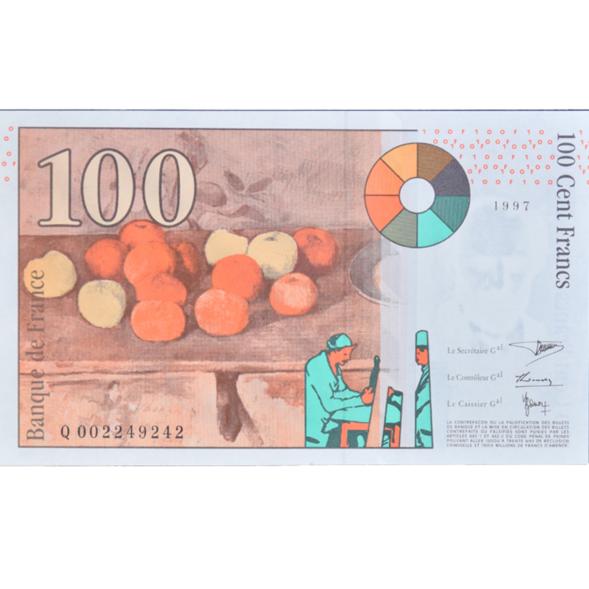 França, 100 Francs, Cézanne, 1997, Q 002249242, UNC(65-70), Fayette:74.01