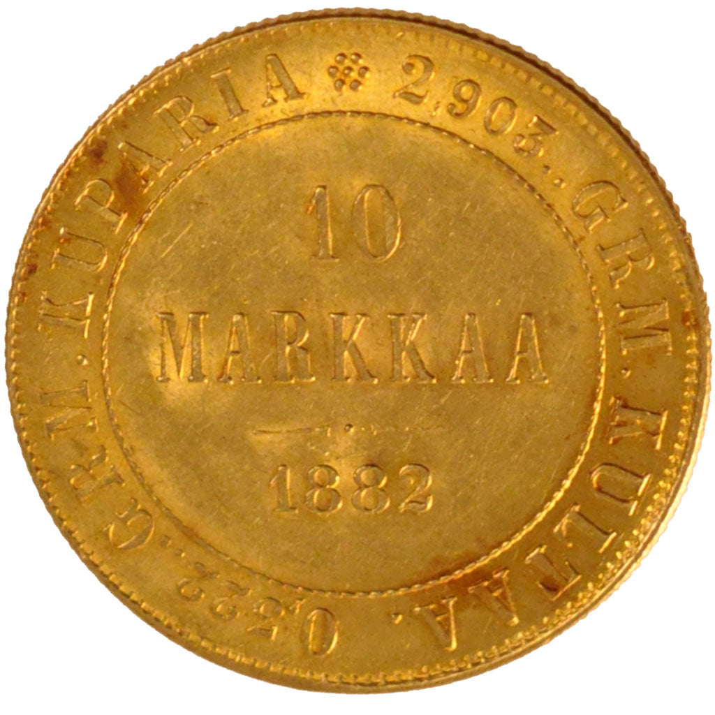FINLAND, 10 Markkaa, 1882, Helsinki, KM #8.2, MS(60-62), Gold, 18.9, 3.22