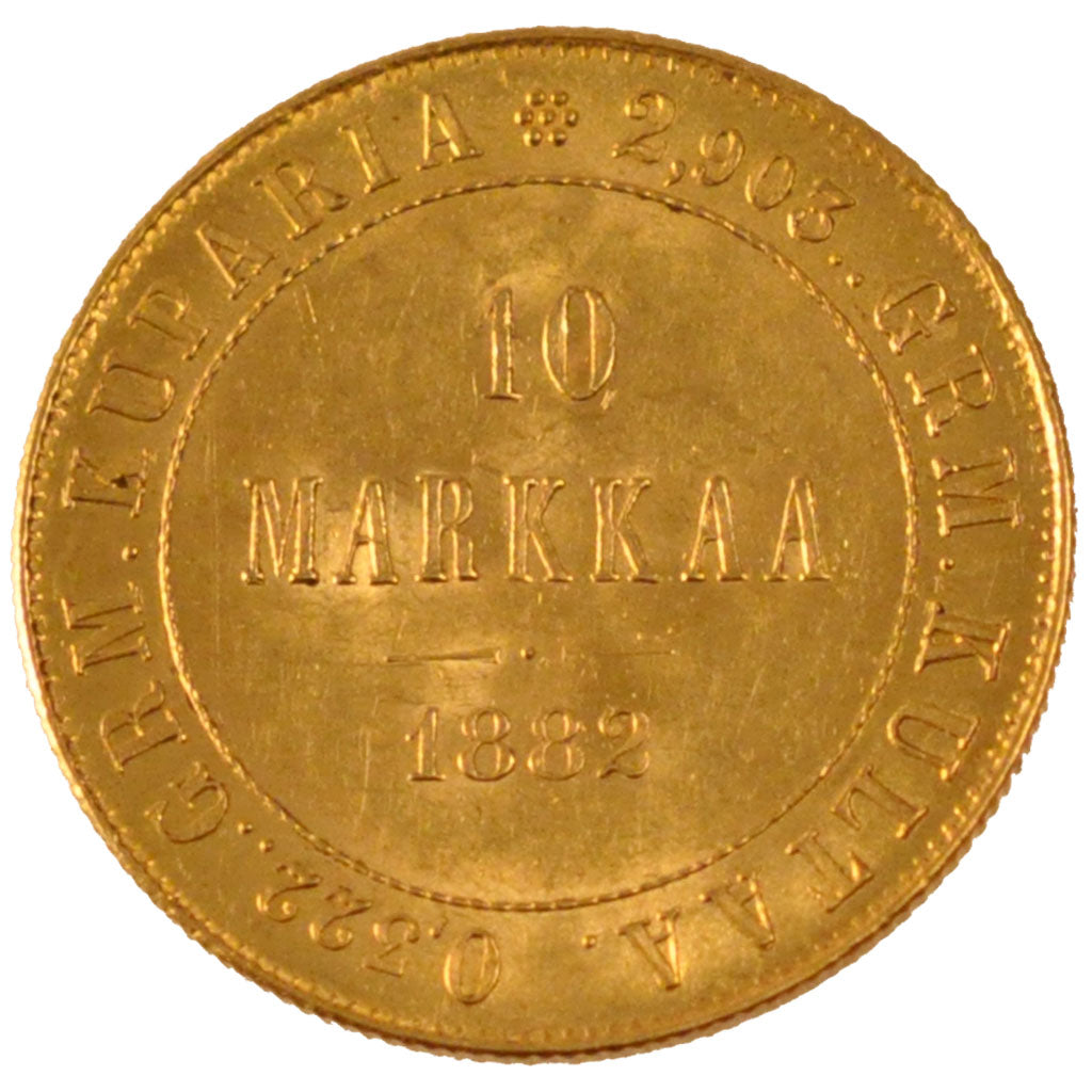 Finland, Nicholas II, 10 Markkaa, 1882, Gold, KM:8.2, PCGS MS62