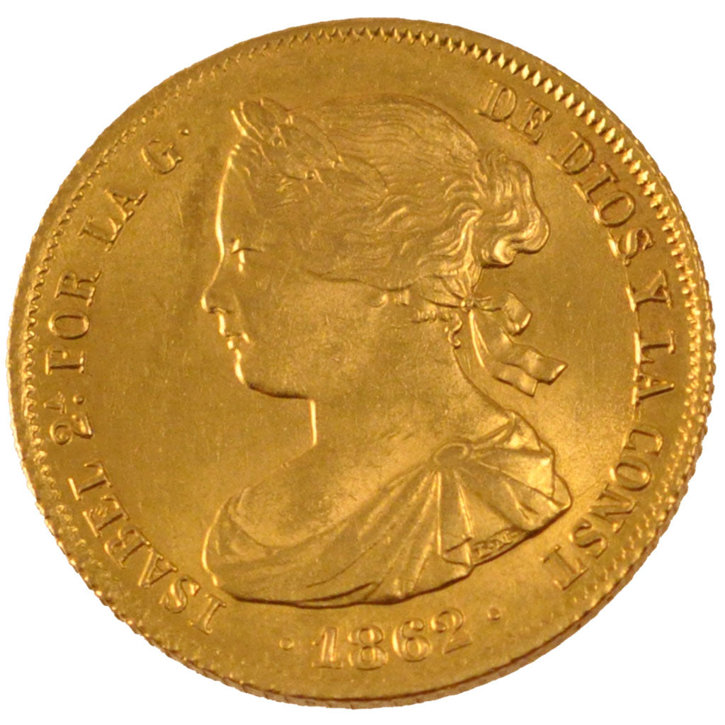 SPAIN, 100 Reales, 1862, Madrid, KM #605.2, graded, PCGS, MS(63), Gold, 8.36
