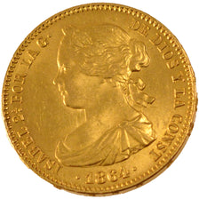 SPAIN, 100 Reales, 1864, Madrid, KM #617.1, MS(60-62), Gold, 8.36