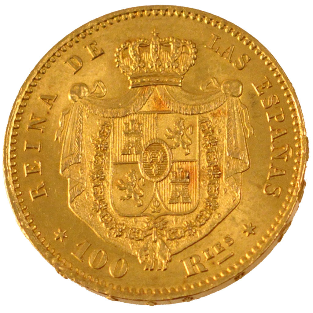 SPAIN, 100 Reales, 1864, Madrid, KM #617.1, MS(60-62), Gold, 8.36