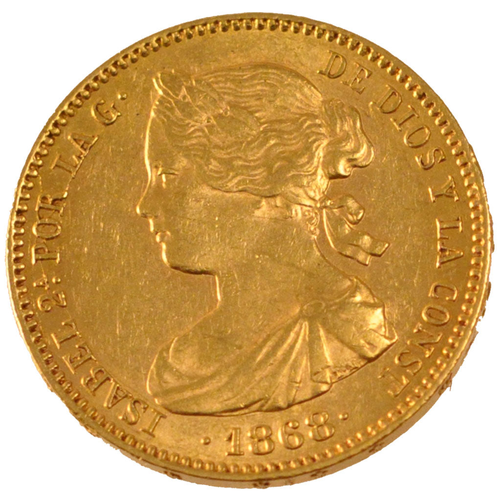 SPAIN, 10 Escudos, 1868, Madrid, KM #636.1, MS(60-62), Gold, 8.35