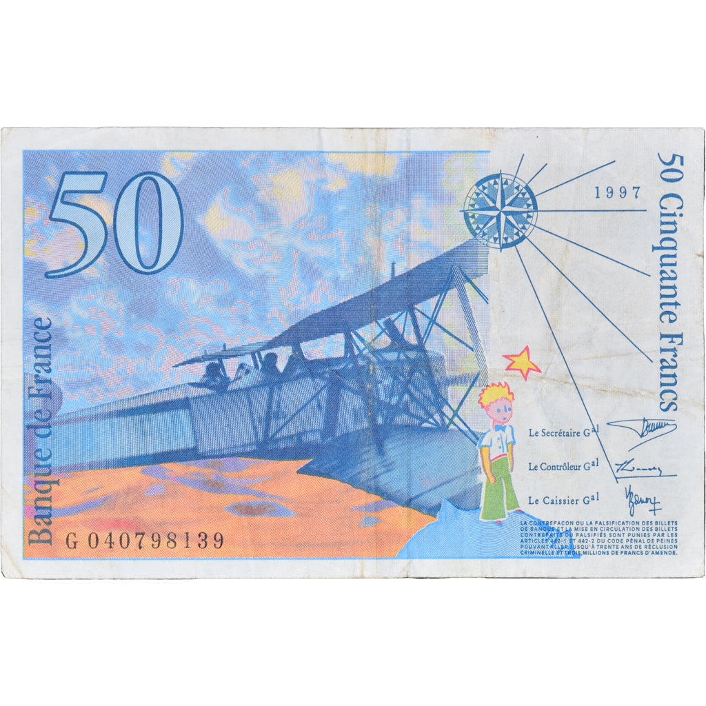 France, 50 Francs, St Exupéry, 1997, G 040798139, VF(20-25), Fayette:73.4