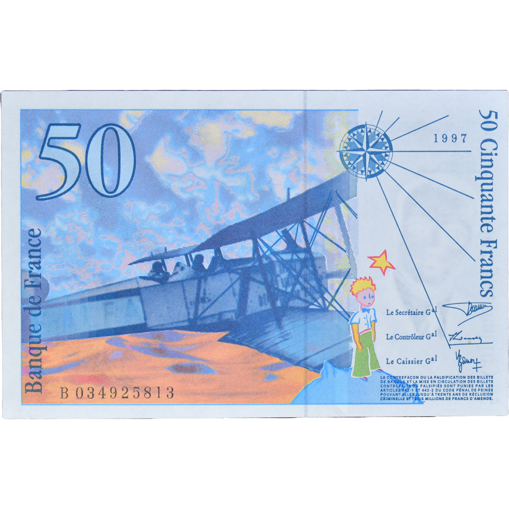 França, 50 Francs, St Exupéry, 1997, B 034925813, UNC(63), Fayette:73.4