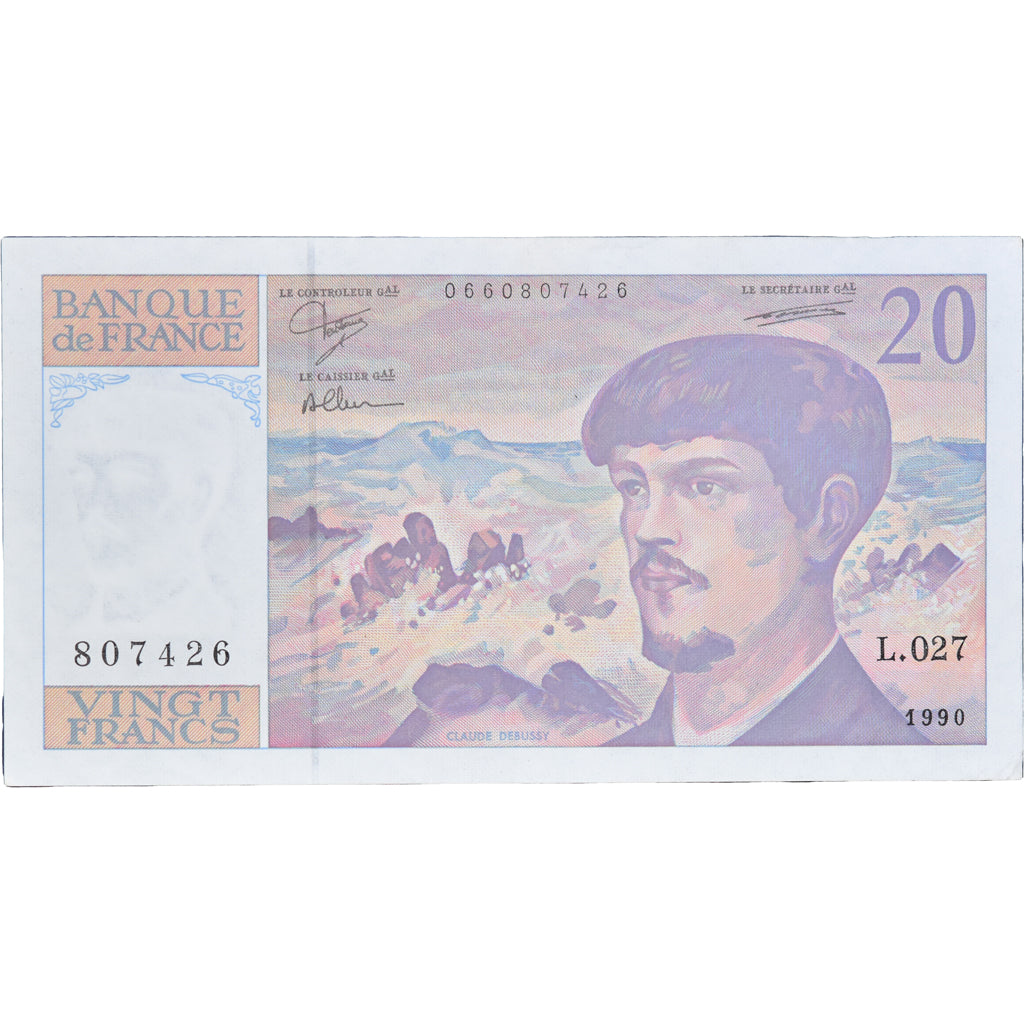 France, 20 Francs, Debussy, 1990, L.027807426, AU(55-58), Fayette:66bis.1