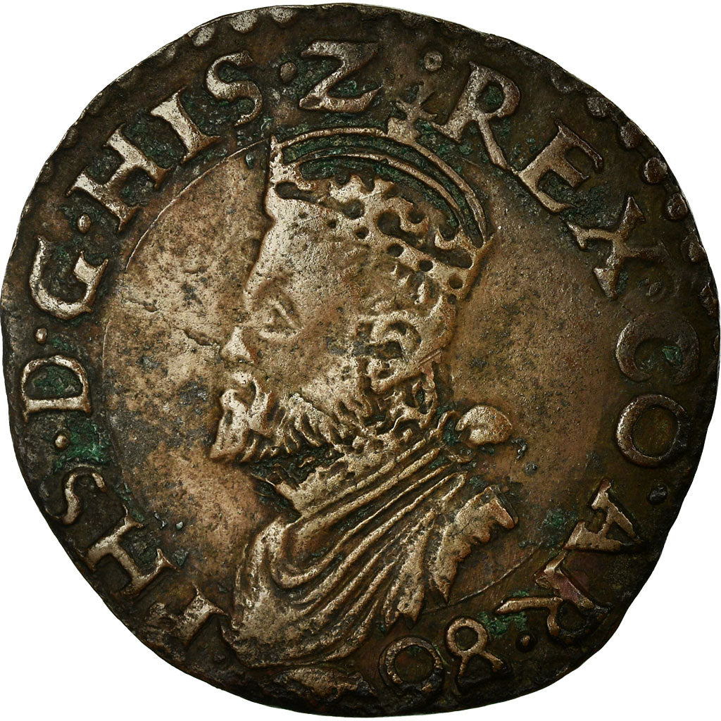 Coin, France, Liard, 1586, Arras, EF(40-45), Copper, Boudeau:1983