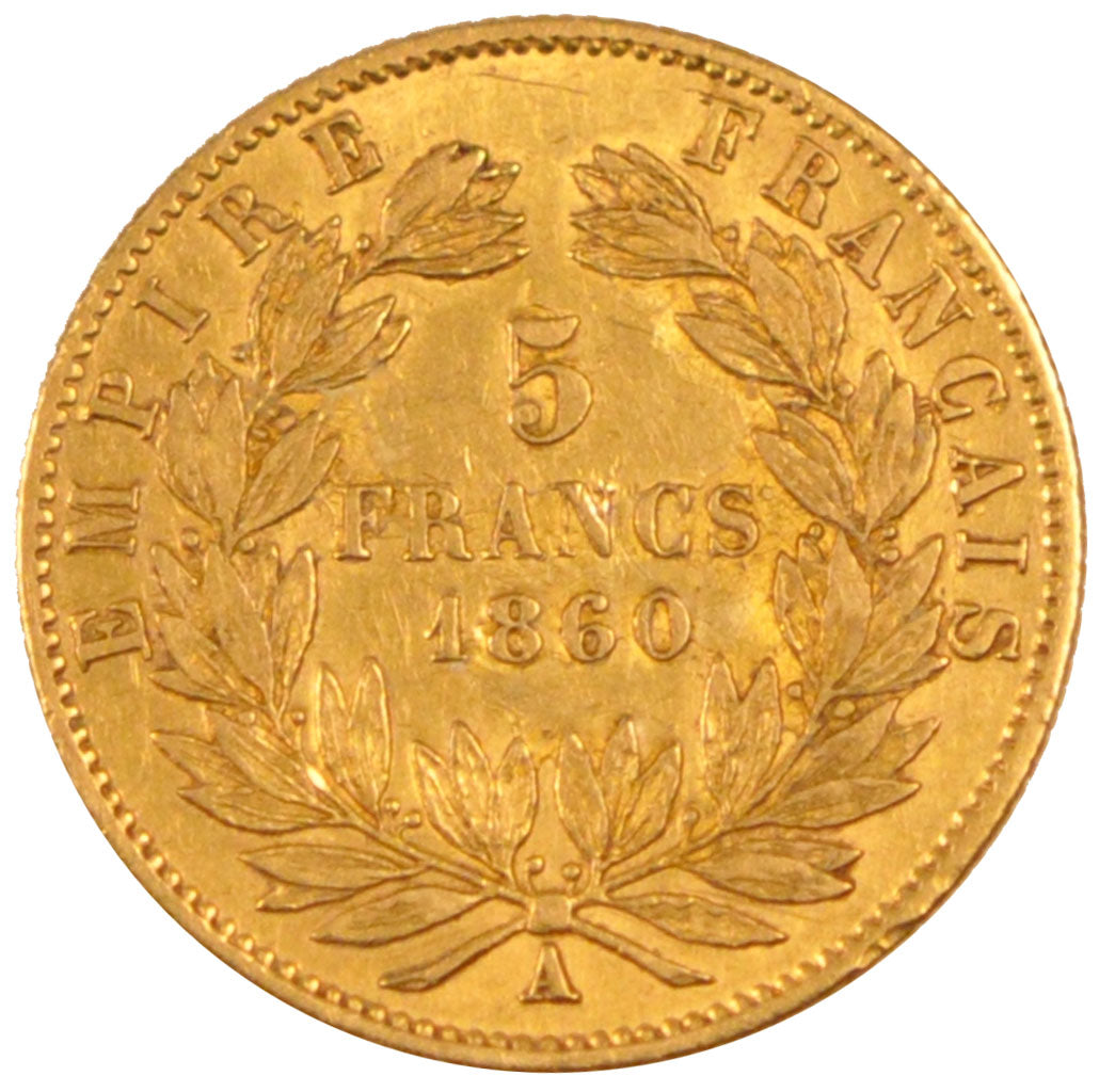 FRANCE, 5 Francs, 1860, Paris, EF(40-45), Gold, Gadoury #1001, 1.60