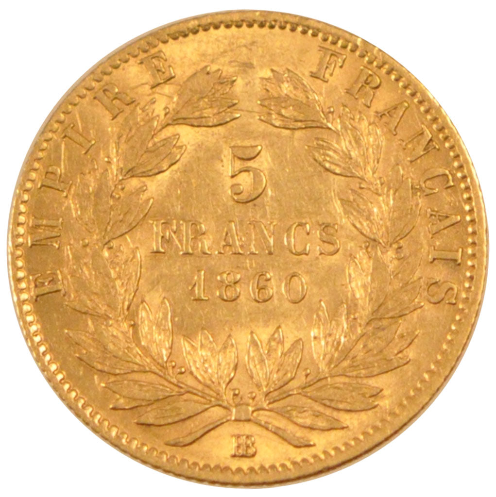 FRANCE, Napoléon III, 5 Francs, 1860, Strasbourg, KM #787.2, VF(30-35), Gold, G.