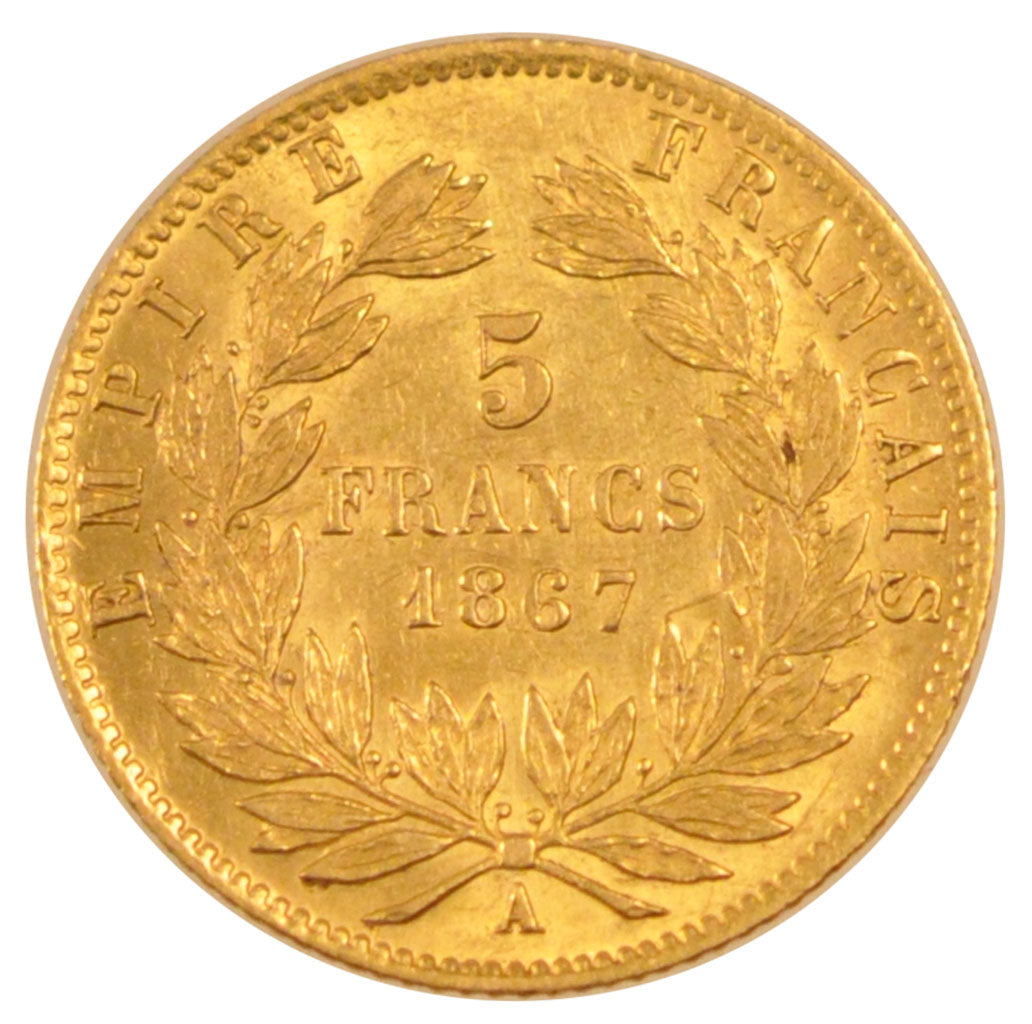 FRANCE, Napoléon III, 5 Francs, 1867, Paris, KM #803.1, EF(40-45), Gold, Gadoury