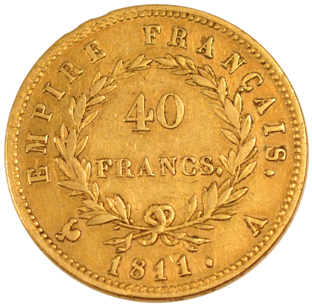 FRANCE, Napoléon I, 40 Francs, 1811, Paris, KM #696.1, AU(50-53), Gold, Gadoury