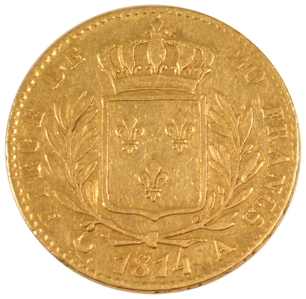 FRANCE, Louis XVIII, 20 Francs, 1814, Paris, KM #706.1, EF(40-45), Gold,...