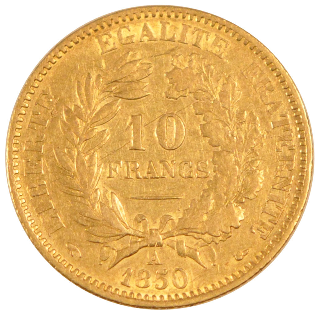 FRANCE, 10 Francs, 1850, Paris, EF(40-45), Gold, Gadoury #1012, 3.20