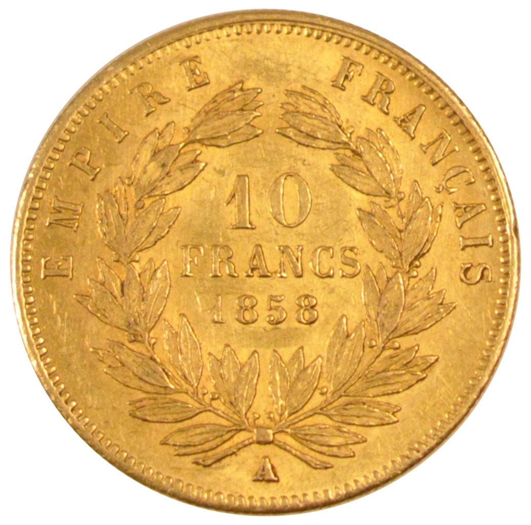 FRANCE, Napoléon III, 10 Francs, 1858, Paris, KM #784.3, AU(55-58), Gold, Gadour