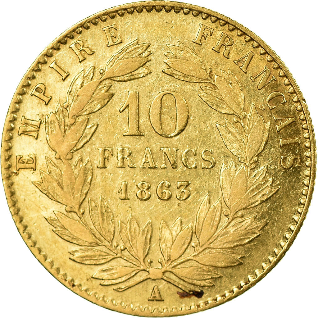 Moneda, Francia, Napoleon III, Napoléon III, 10 Francs, 1863, Paris, MBC, Oro