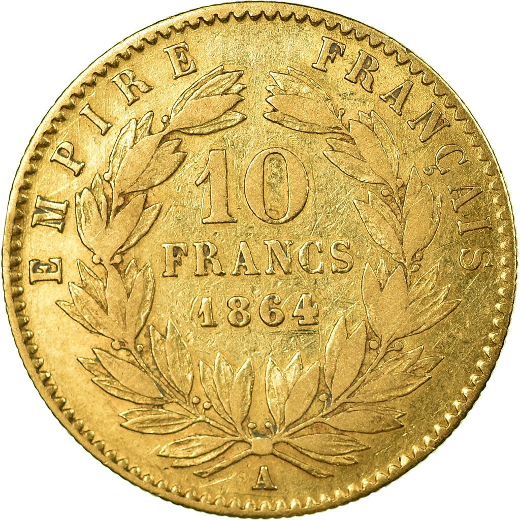 Moneda, Francia, Napoleon III, Napoléon III, 10 Francs, 1864, Paris, MBC, Oro