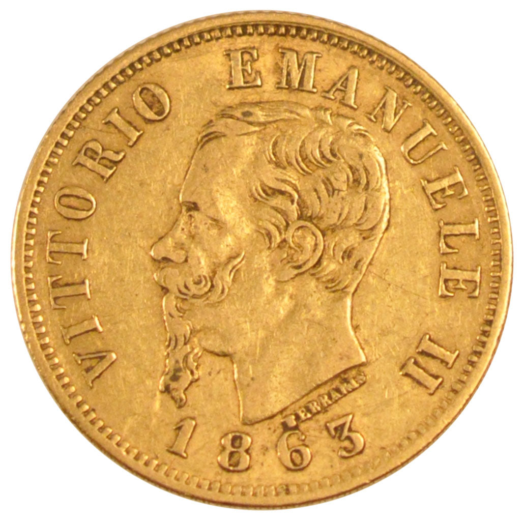ITALY, 10 Lire, 1863, Torino, KM #9.2, EF(40-45), Gold, 18.5, 3.19