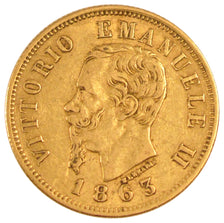ITALY, 10 Lire, 1863, Torino, KM #9.2, EF(40-45), Gold, 18.5, 3.19