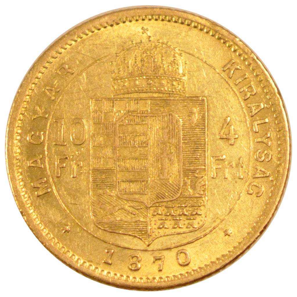 Ungheria, Franz Joseph I, 4 Forint 10 Francs, 1870, Kormoczbanya, BB+, Oro, K...