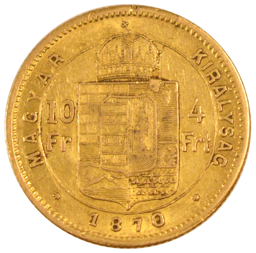 HUNGARY, 4 Forint 10 Francs, 1870, Kormoczbanya, KM #454.2, AU(50-53), Gold,...