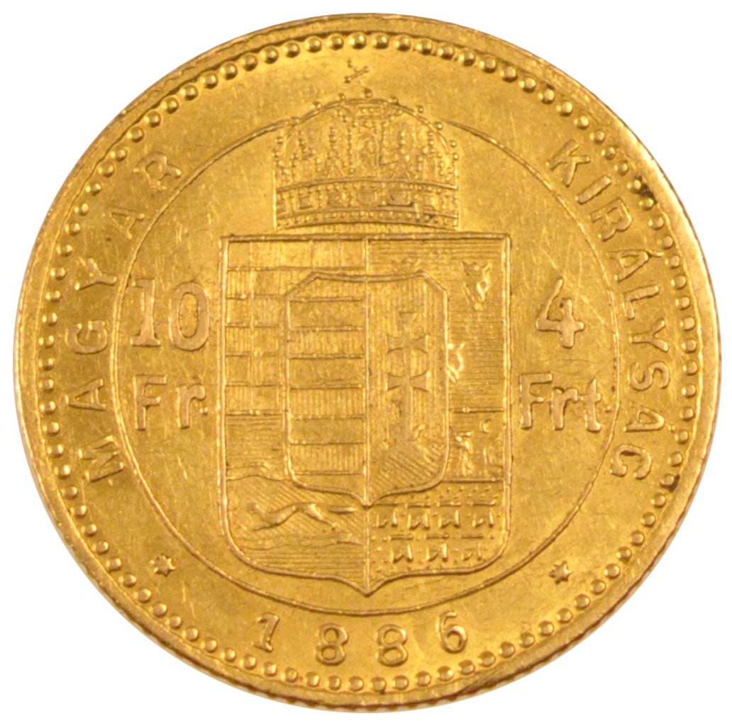 HUNGARY, 4 Forint 10 Francs, 1886, Kremnitz, KM #466, AU(50-53), Gold, 3.20