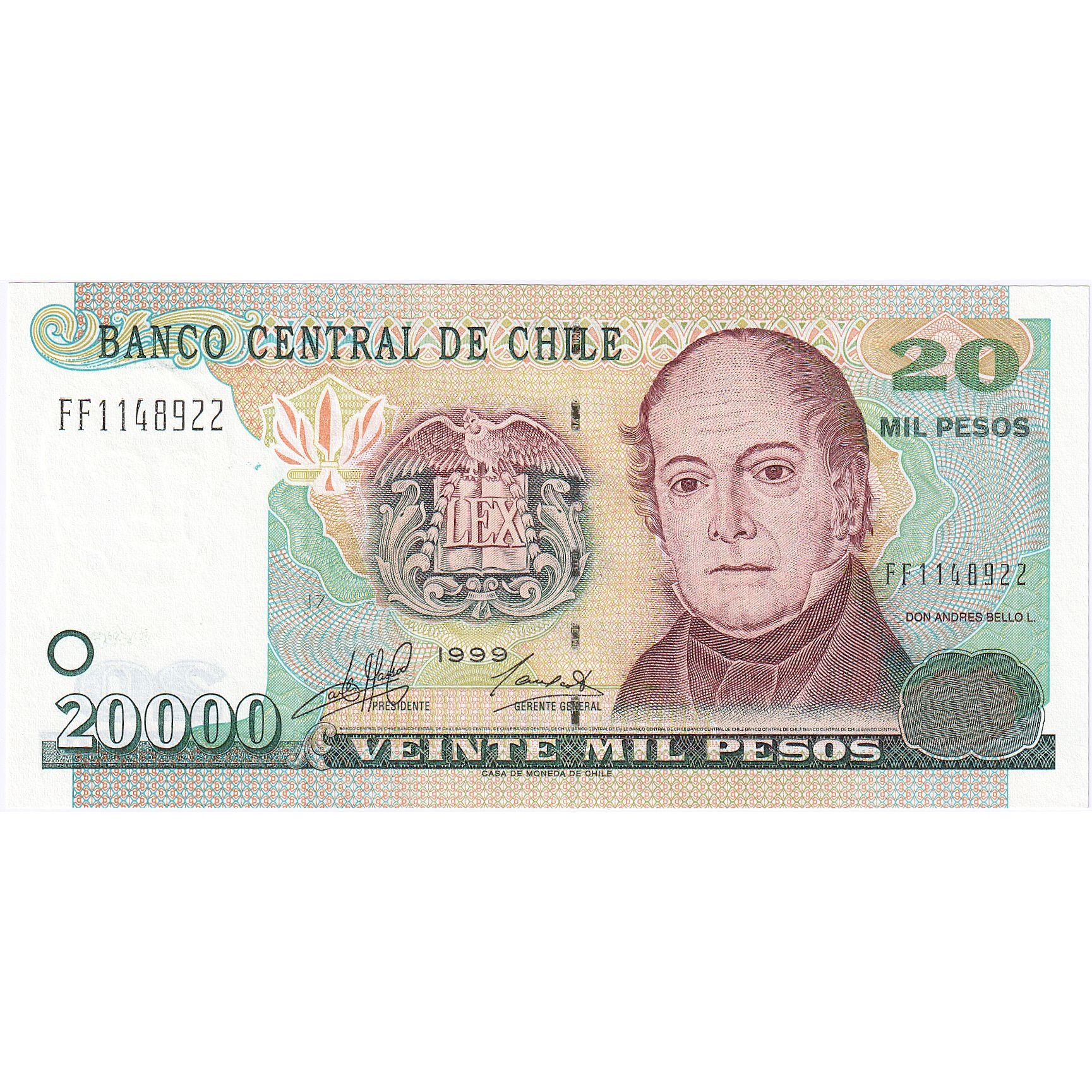 20,000 Pesos, 1999, Chile, KM:159a, UNC