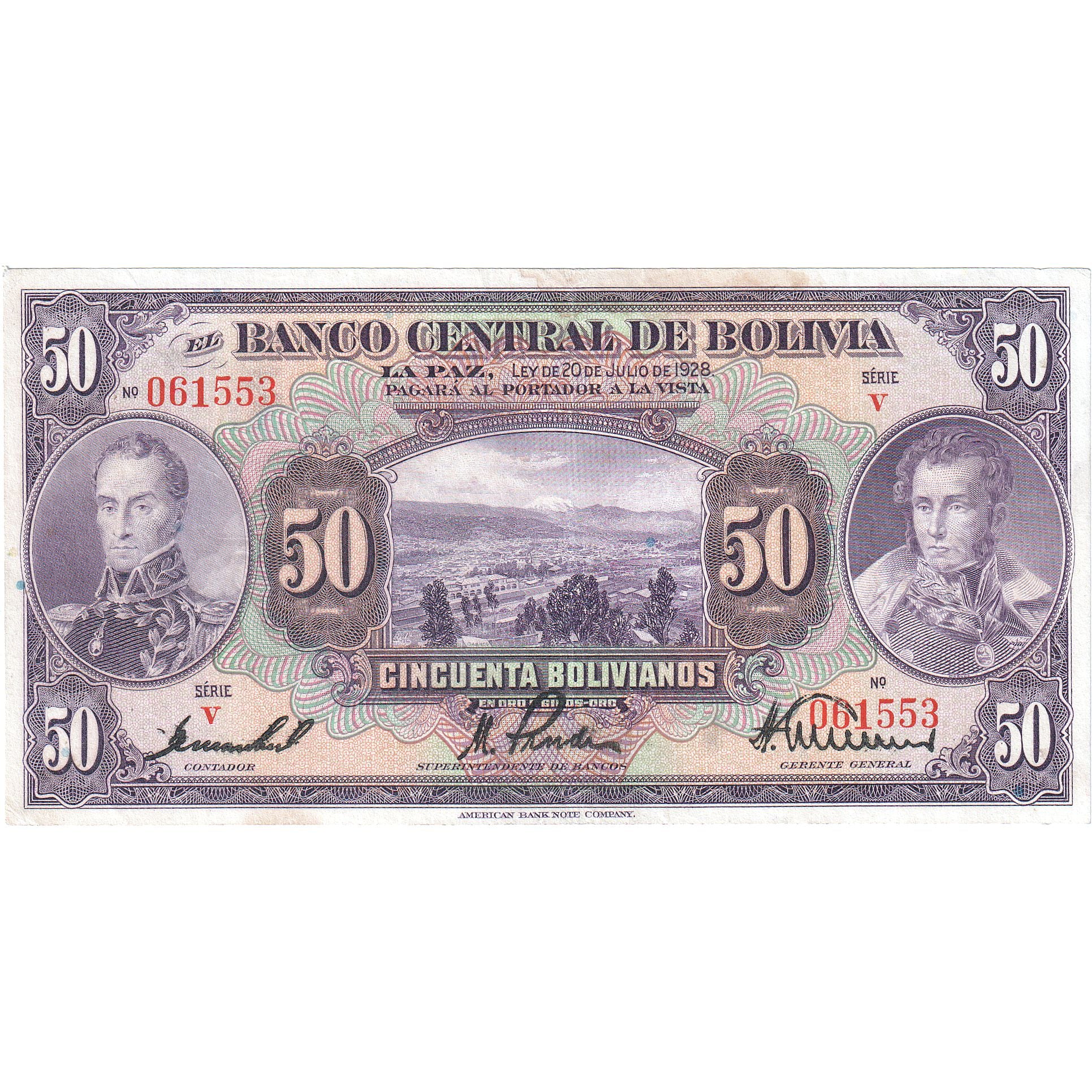 Bolivia, 50 Bolivianos, 1928, 1928-07-20, KM:124a, EF(40-45)