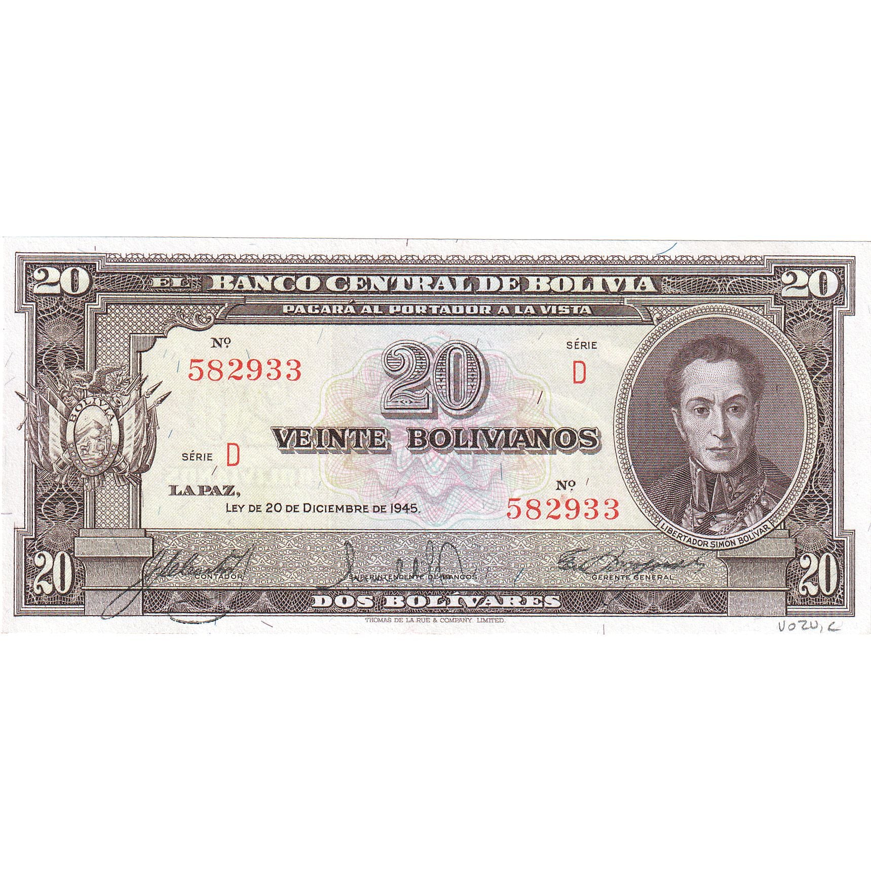 Billete, 20 Bolivianos, 1945, Bolivia, 1945-12-20, UNC