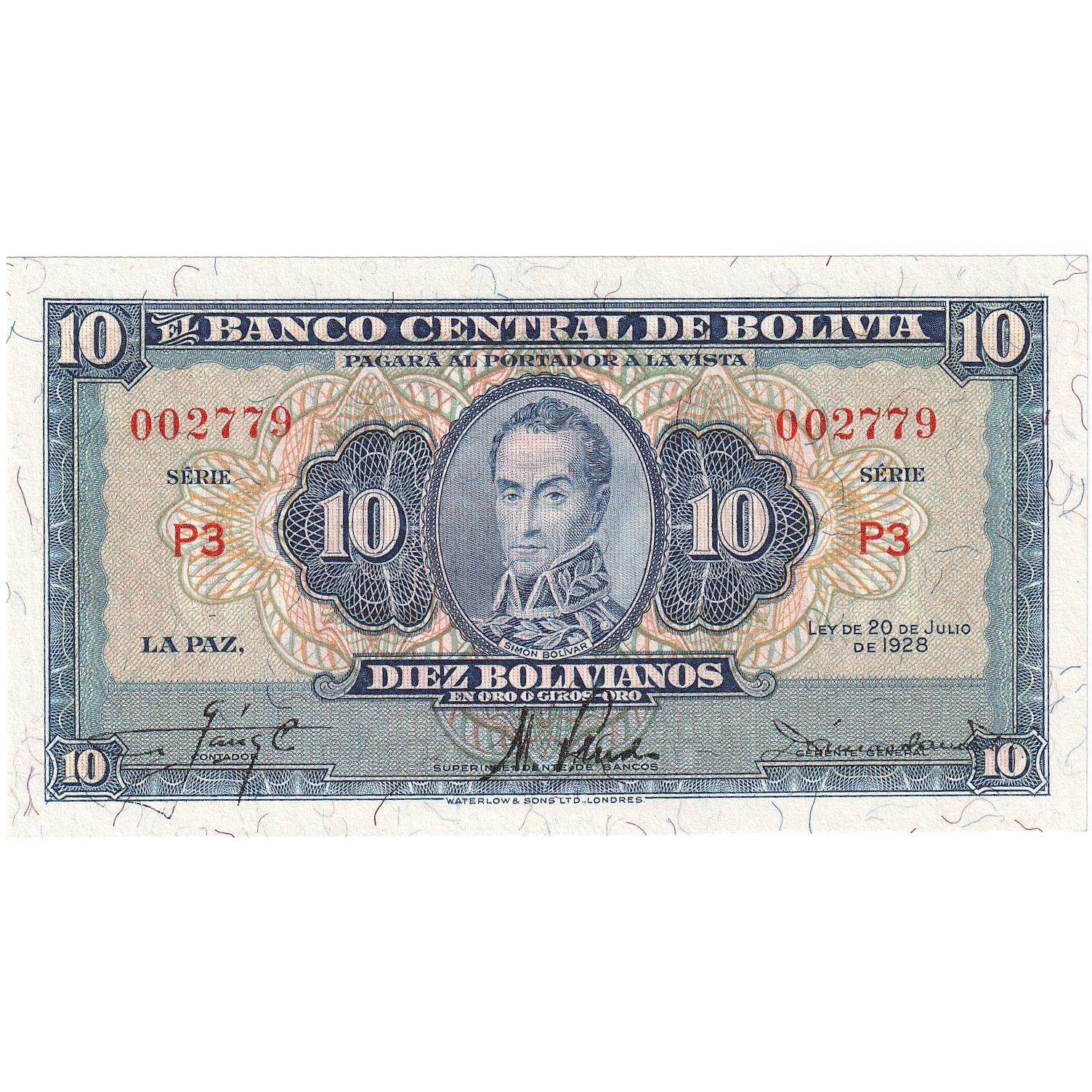 Bolivia, 10 Bolivianos, 1928, 1928-07-20, KM:130, UNC(65-70)