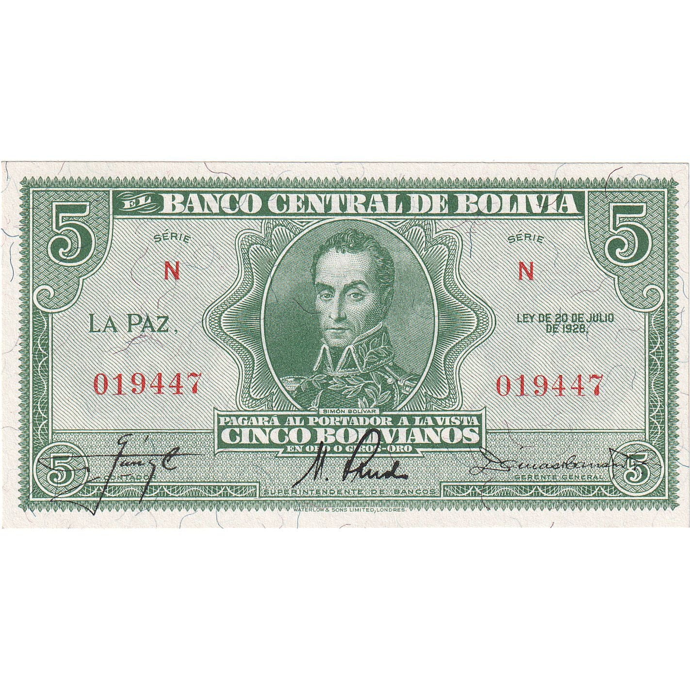 Bolivie, 5 Bolivianos, 1928, 1928-07-20, KM:129, NEUF