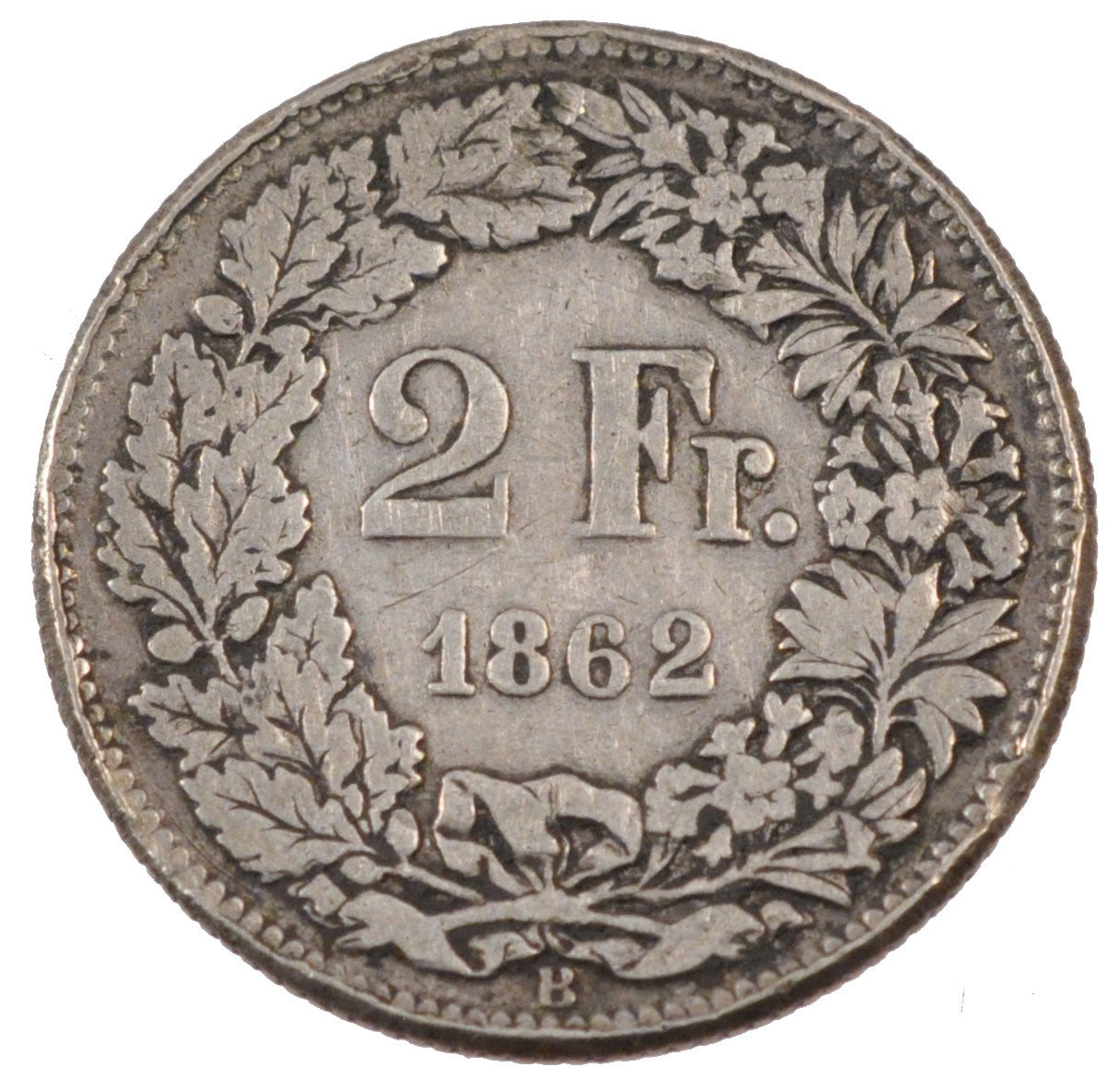 SWITZERLAND, 2 Francs, 1862, Bern, KM #10a, VF(20-25), Silver, 9.62