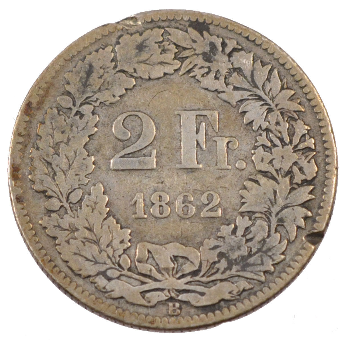 SWITZERLAND, 2 Francs, 1862, Bern, KM #10a, VG(8-10), Silver, 9.42