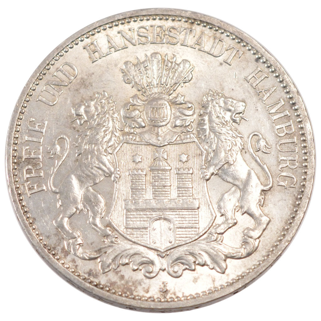 GERMAN STATES, 5 Mark, 1908, Hamburg, KM #610, AU(55-58), Silver, 38, 27.60