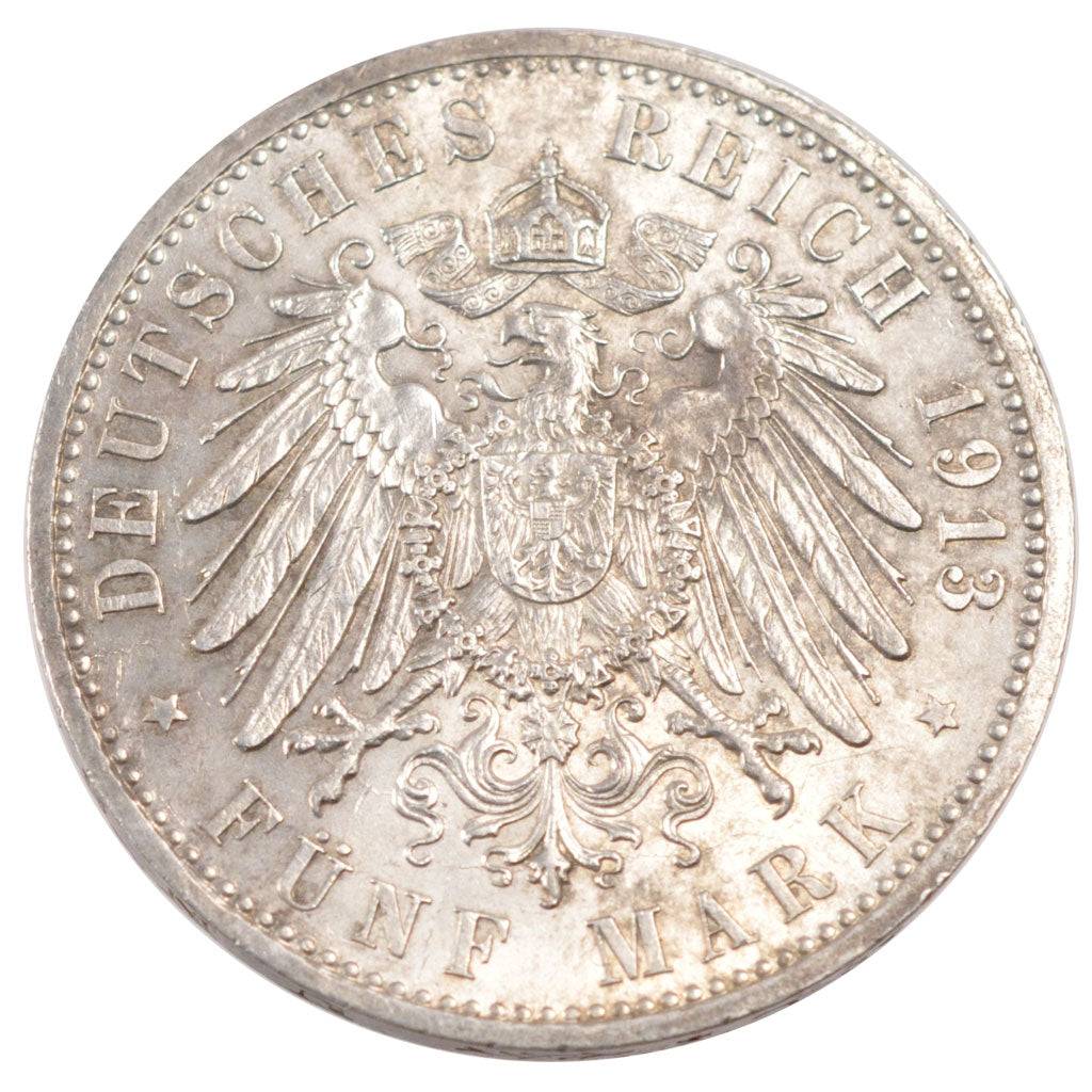GERMAN STATES, 5 Mark, 1908, Hamburg, KM #610, AU(55-58), Silver, 38, 27.60